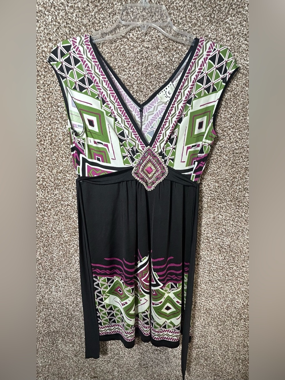 Ice Sleeveless V-Neck Midi Dress in Black with Green & Pink Geometric Print